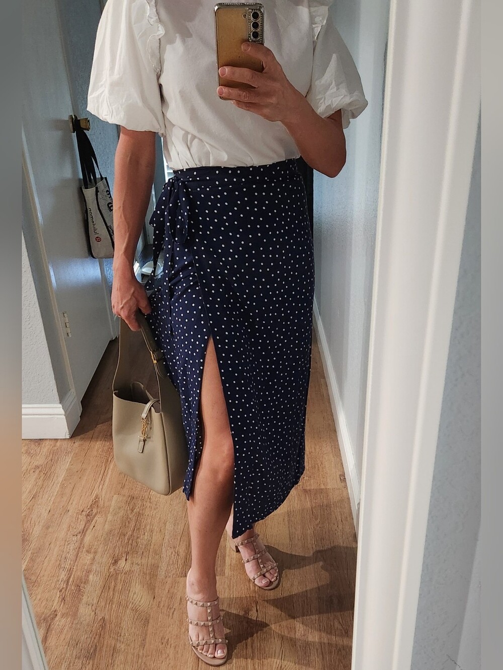 Orta Tie Waist Polka Dot Blue Midi Skirt Size S Made In France